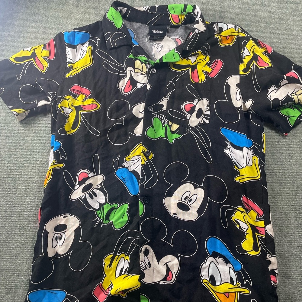 Disney Black Short Sleeve Button-Down with Colorful Mickey & Friends Faces